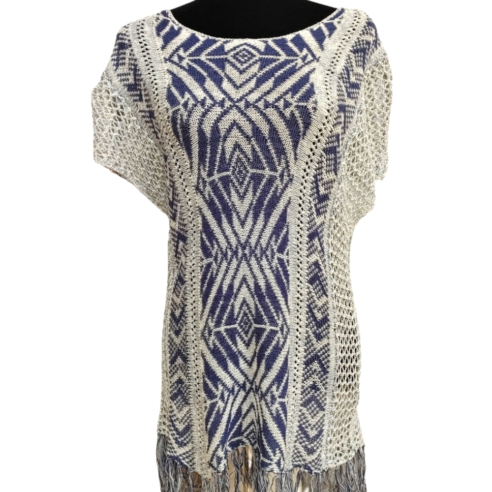 Vintage America Top Tunic Knitted Crocheted Dress Boho Fringe Tassels Small